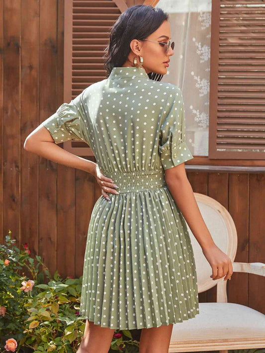 Polka Dot Pleated Tie Neck Smocked Waist Dress