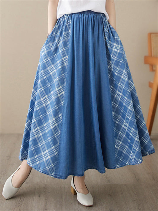 Women's Casual Plaid Patchwork Denim Pleated Skirt