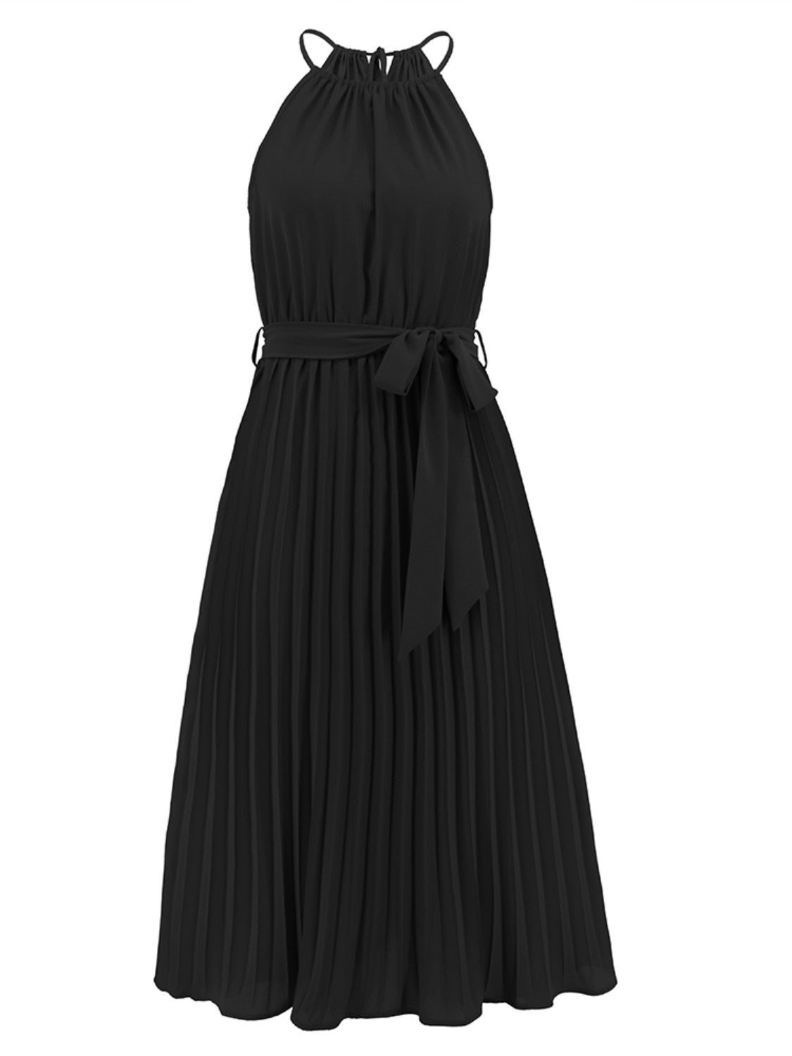 Ivyshape | Pleated Spaghetti Strap Tie Waist Midi Dress