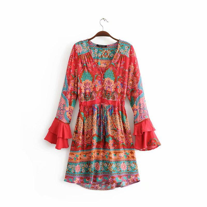 Floral Printed Flare Long Sleeve Drawstring Waist Mini Dress