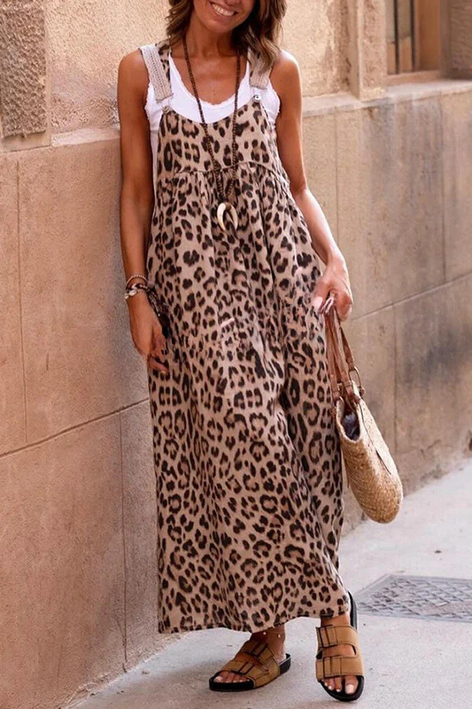 Ivyshape | Leopard Print Patchwork Suspender Maxi Dress