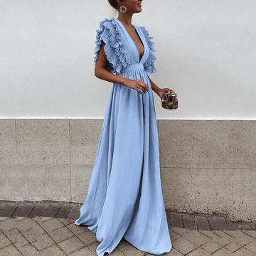 Color Deep V Neck Backless Maxi Dress