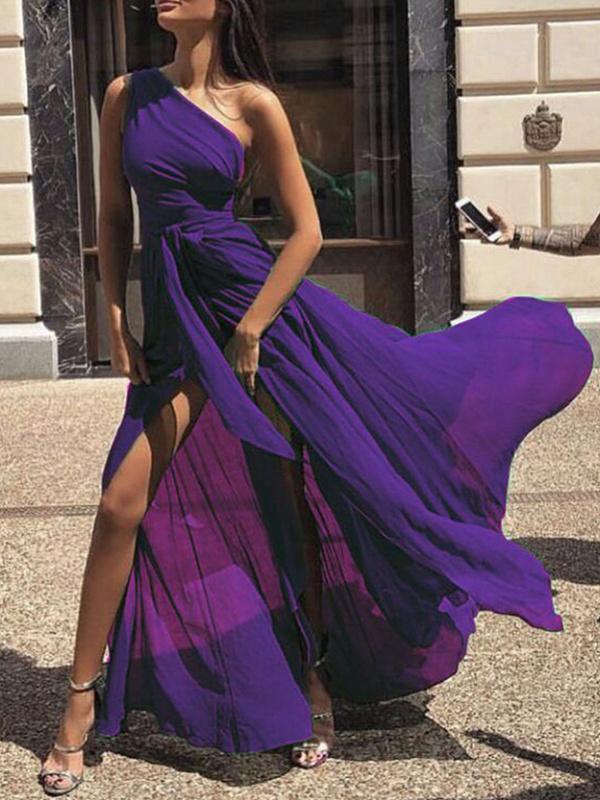 CHIFFON ONE SHOULDER SOLID COLOR MAXI DRESS