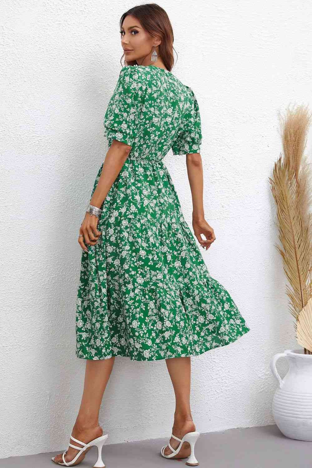 Floral Tie Waist Puff Sleeve Midi Dress