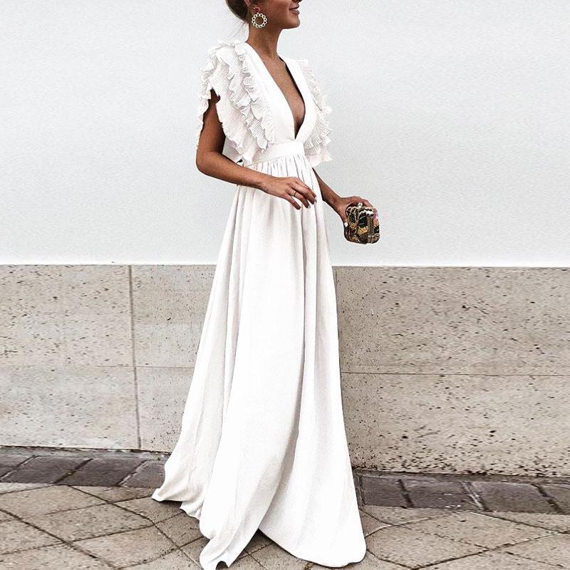 Color Deep V Neck Backless Maxi Dress