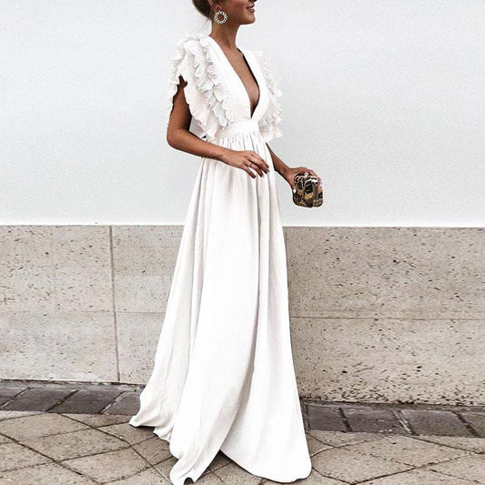 Color Deep V Neck Backless Maxi Dress