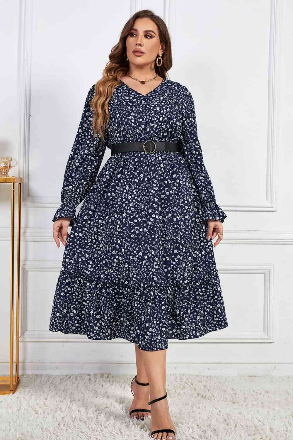 Melo Apparel Plus Size Floral Print V-Neck Flounce Sleeve Midi Dress