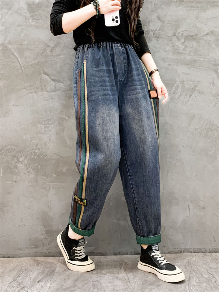 Stylish Color Stripe Washed Denim Harem Pants