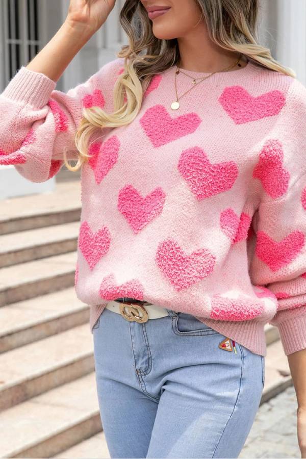 Ivyshape | Pink Valentines Day Heart Jacquard Knit Sweater