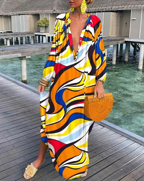 V-Neck Loose Long Sleeve Print Dress