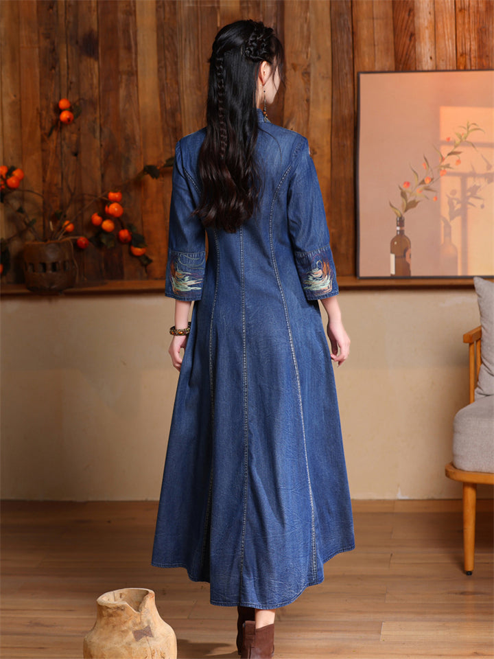 Elegant Embroidery V Neck Button Up Denim Dress