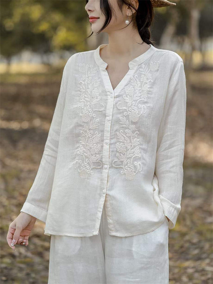 V-Neck Button Up Long Sleeve Embroidery Linen Shirt for Women