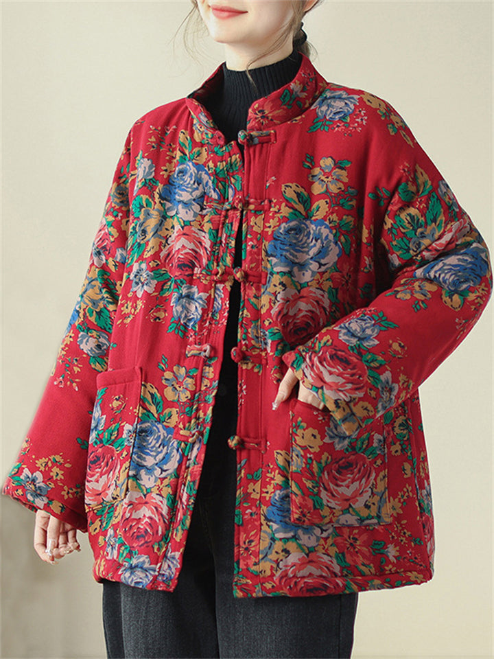 Country Style Stand Collar Rose Print Red Cotton Coat