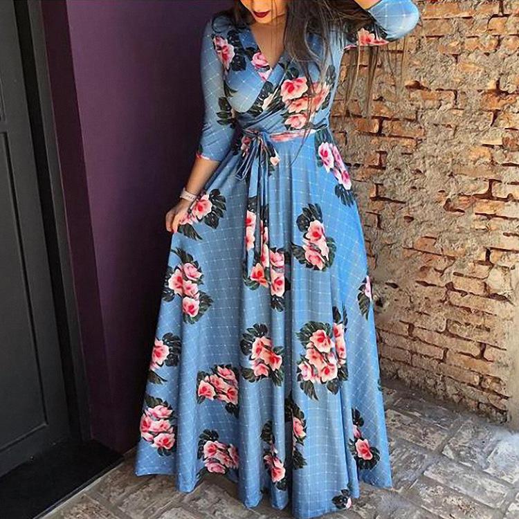 Sleeve Floral V Neck Slim Waist Maxi Dress with Belt