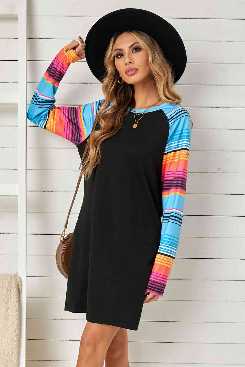 Striped Long Raglan Sleeve Round Neck Dress