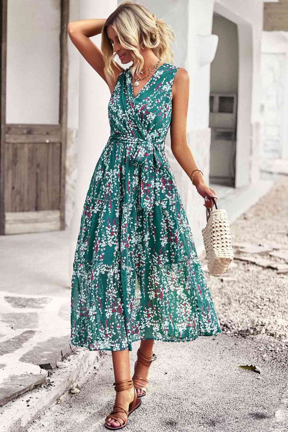 Floral Belted Surplice Sleeveless Tiered Dress