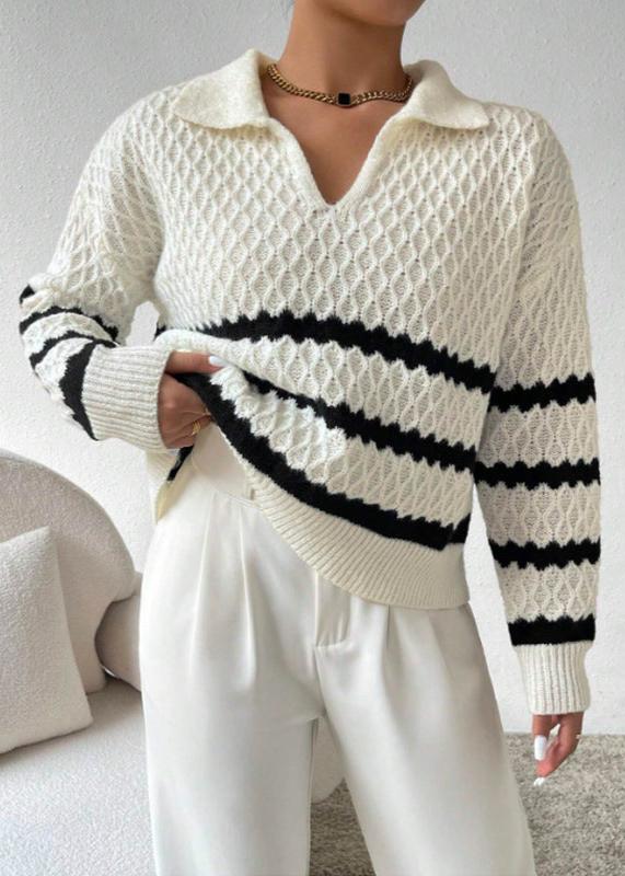 Ivyshape | Textured Collar Elegant Pullover Striped Knitwear