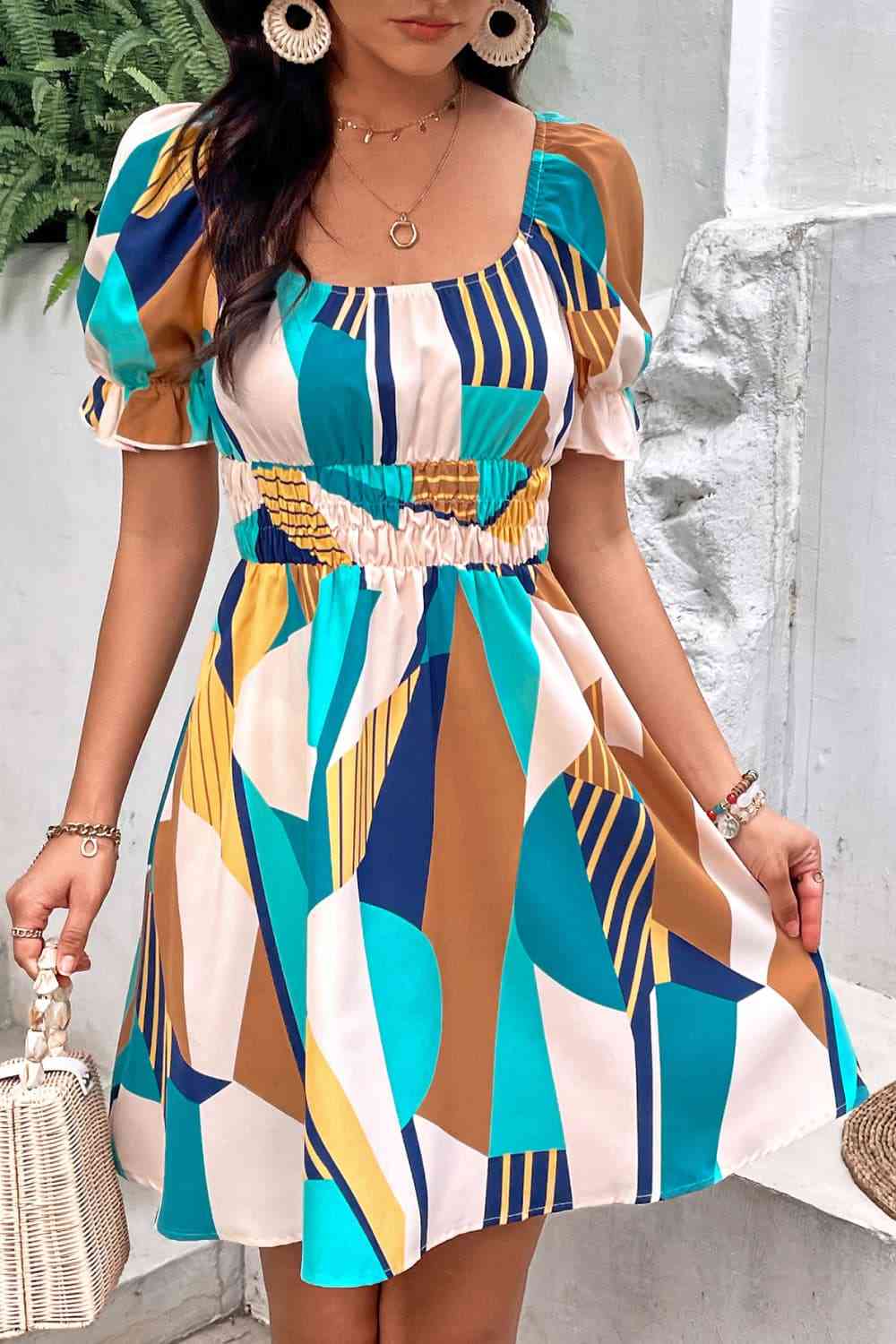 Printed Smocked Waist Flounce Sleeve Dress