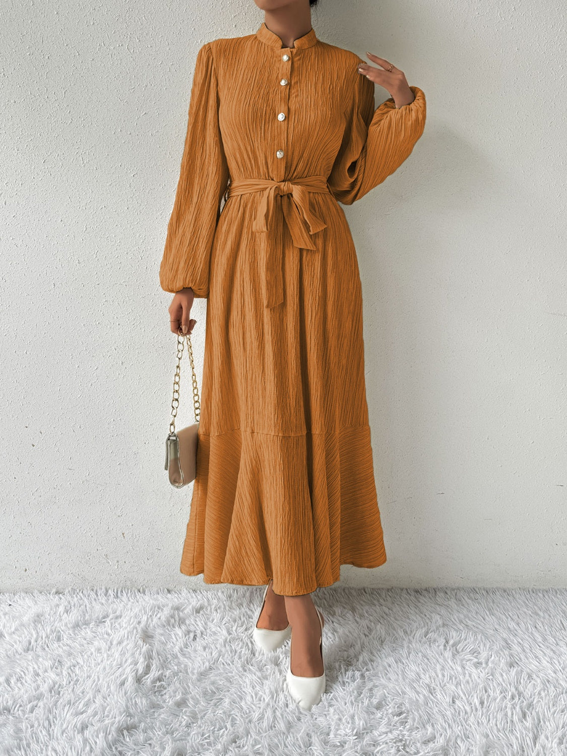 Ivyshape | Tie Waist Long Sleeve Dress