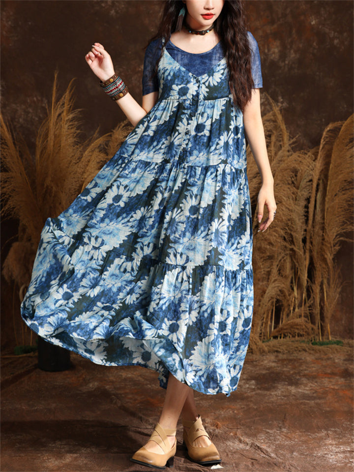 French Style Daisy Print Blue Midi Dress