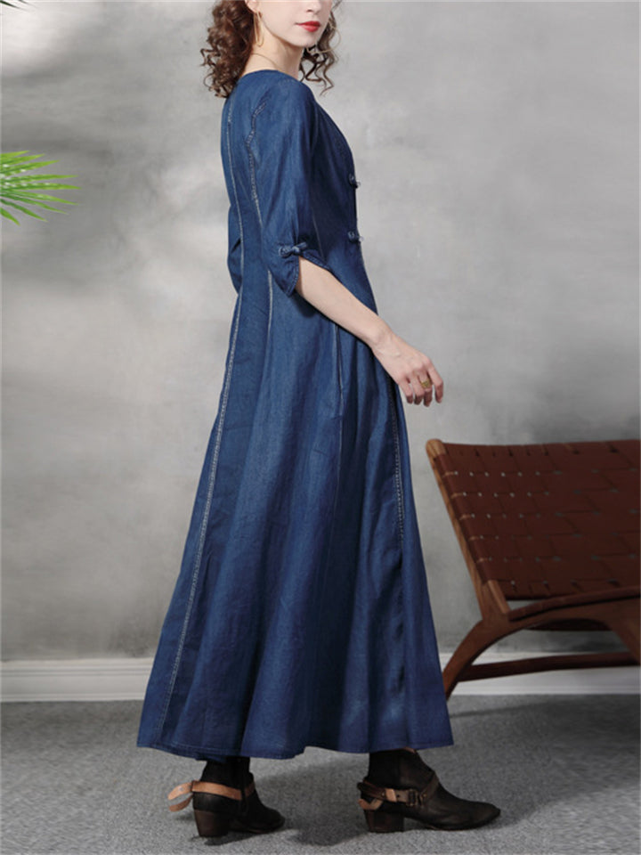 Classic Embroidered Denim Cheongsam Dress for Ladies