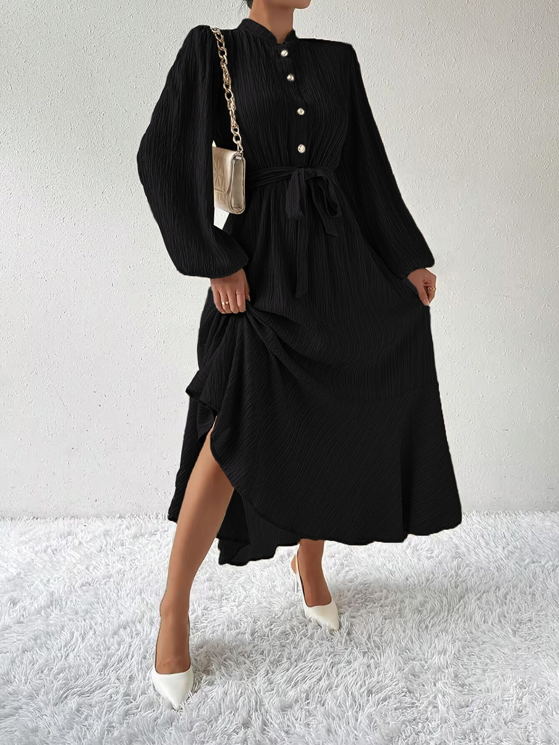 Ivyshape | Tie Waist Long Sleeve Dress