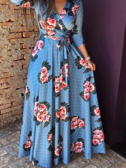 Sleeve Floral V Neck Slim Waist Maxi Dress with Belt