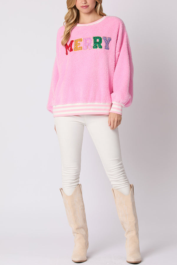 Ivyshape | Lettered Rhinestone Long-Sleeved Crew Neck Sweatshirt