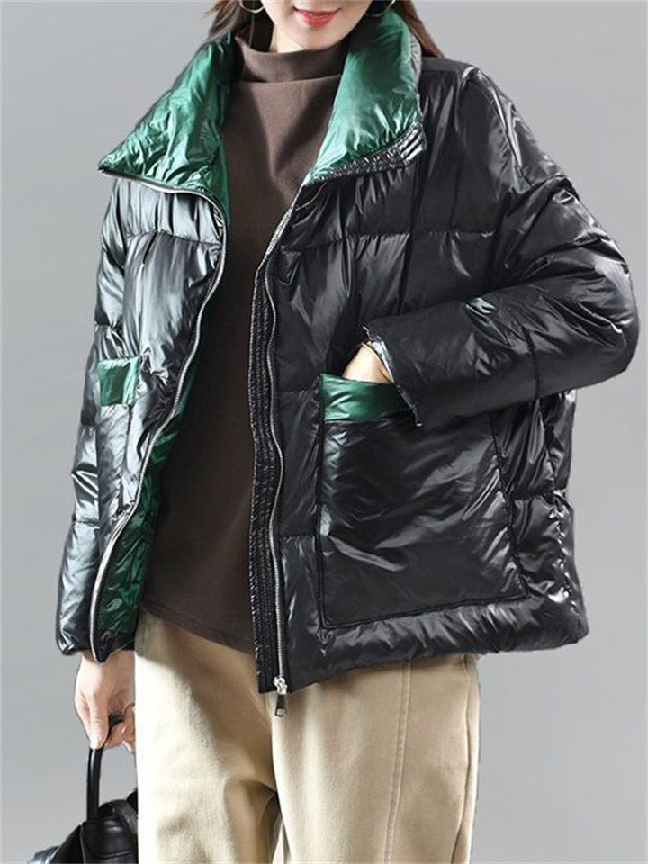 Trendy Stand Collar Contrast Color Puffy Down Coat