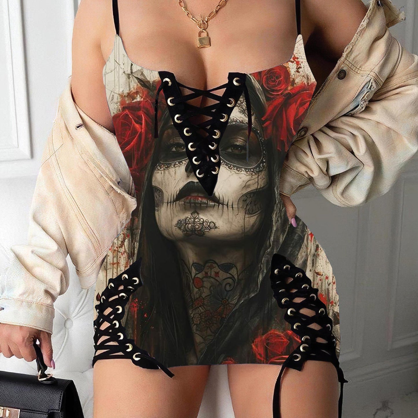 Day of the Dead Printed Sexy V-neck Eyelet Lace-up Suspension Dress