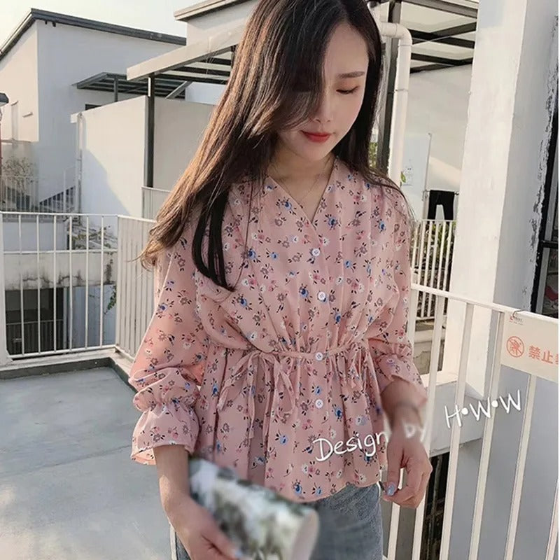 Sweet Floral V-Neck Chiffon Blouse for Women