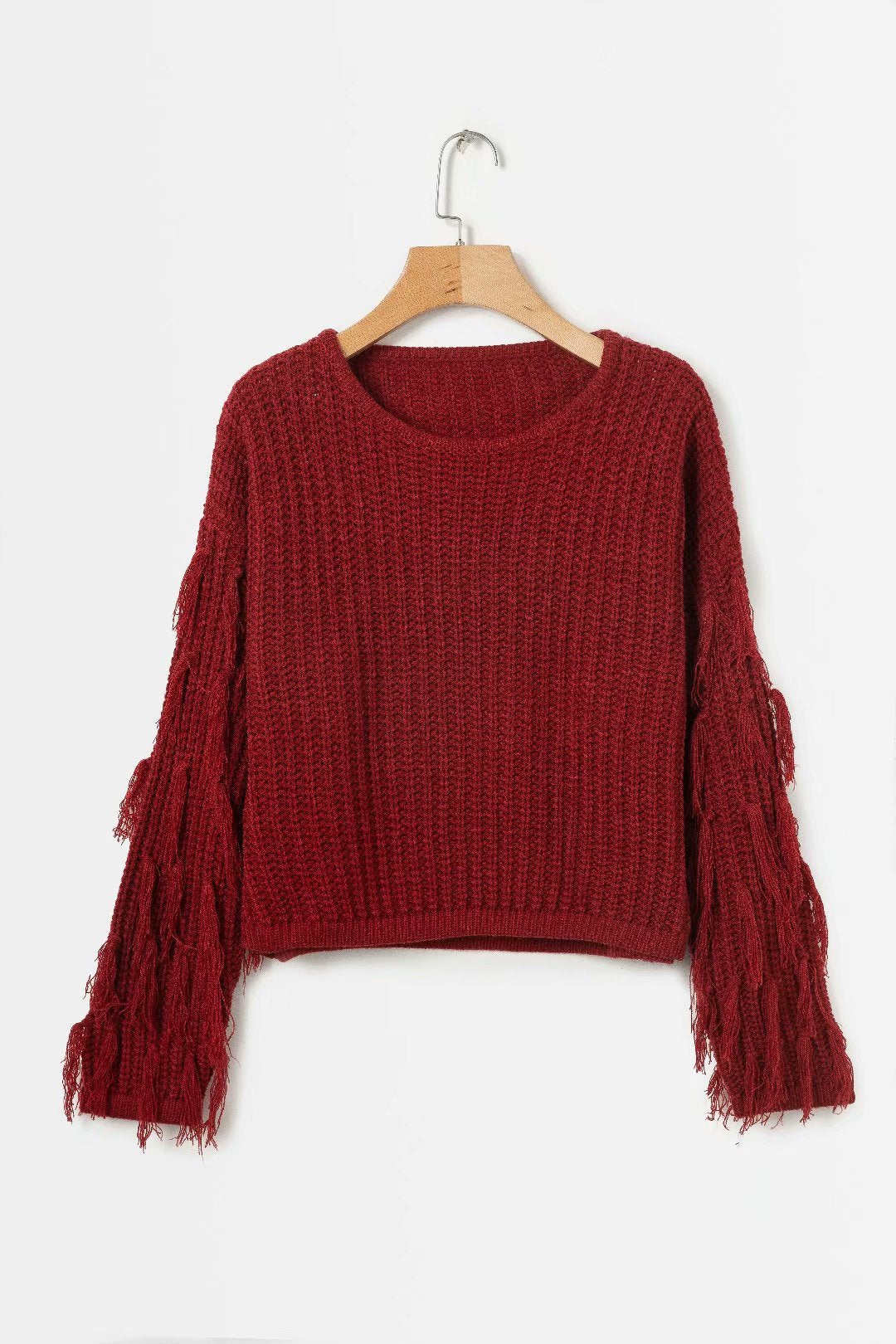 Women's fashionable knit sweater with fringed sleeves and special textured pattern Ivyshape