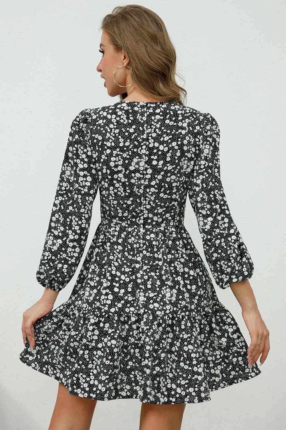 Printed Plunge Neck Flounce Sleeve Mini Dress