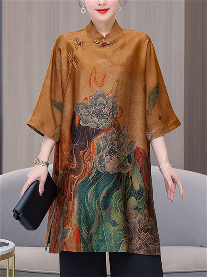 Elegant Lotus Flower Print Oriental Dresses for Women