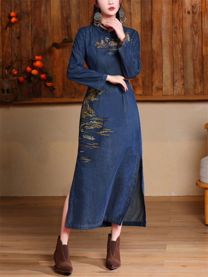 Elegant High-Rise Side Slit Blue Denim Embroidery Qipao