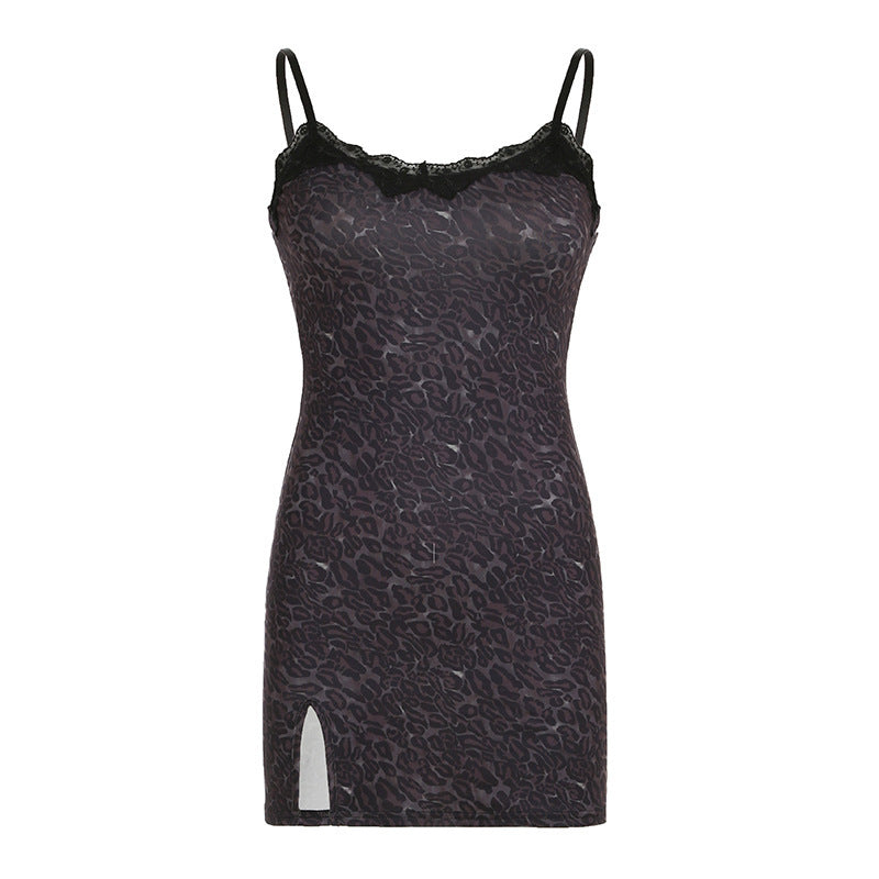 Ivyshape | Leopard Print Slip Dress with Lace Stitching