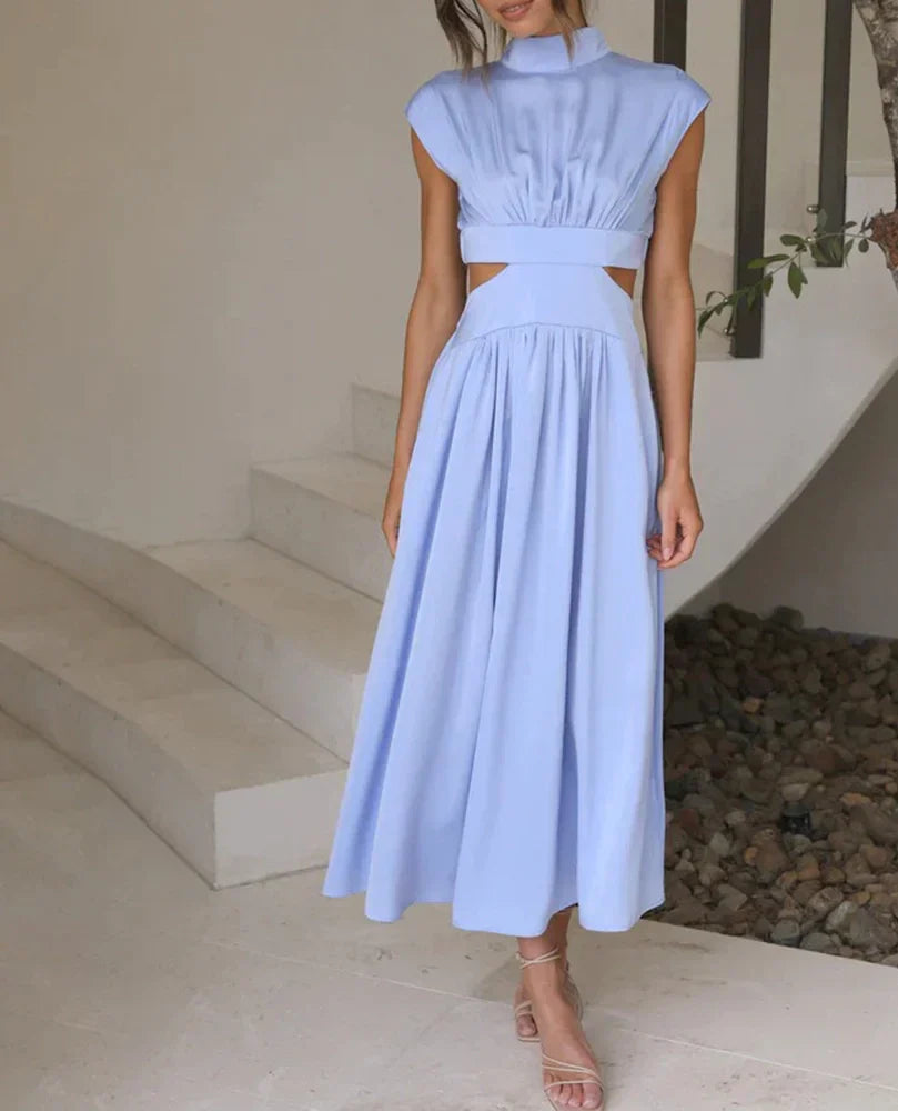 Stand Collar Solid Color Sexy Waist Midi Dress