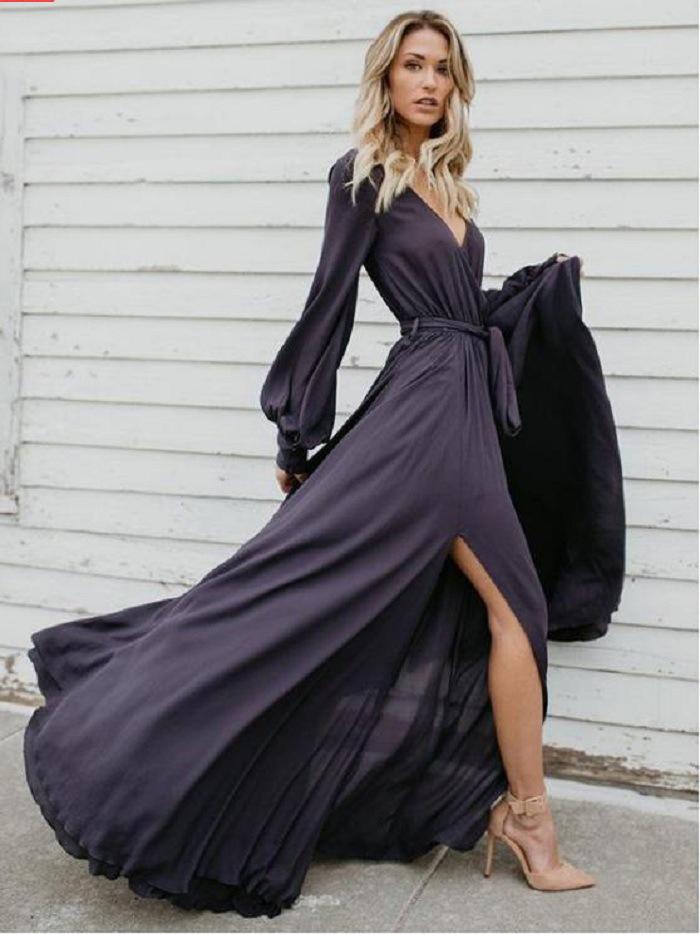 V Neck Long Sleeve Split Maxi Dress with Belt