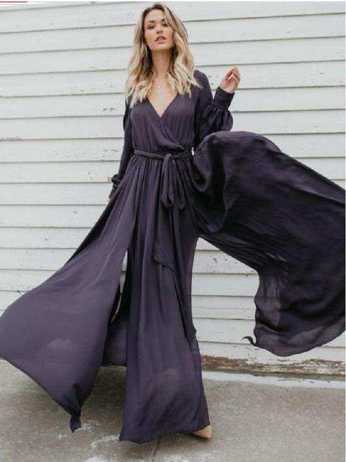 V Neck Long Sleeve Split Maxi Dress with Belt