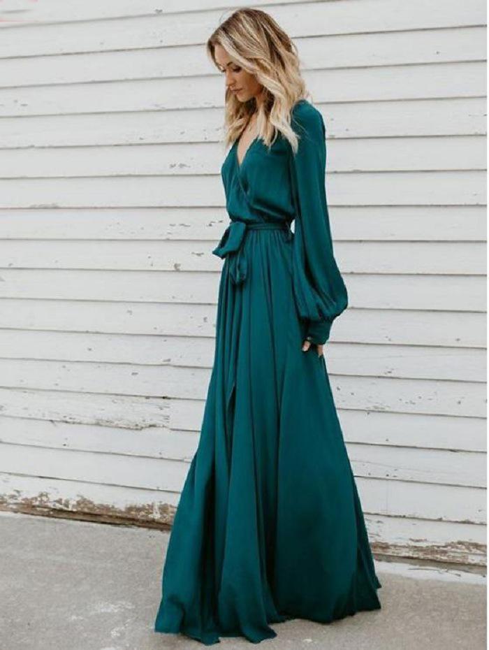 V Neck Long Sleeve Split Maxi Dress with Belt