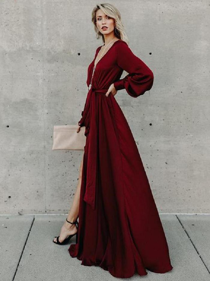 V Neck Long Sleeve Split Maxi Dress with Belt