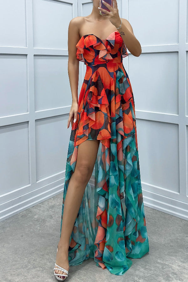 Ivyshape | Moment Gradient Unique Print Flowing Layered Ruffles Strapless Slit Maxi Dress