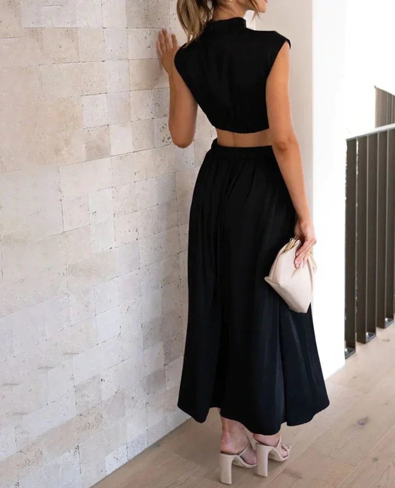 Stand Collar Solid Color Sexy Waist Midi Dress