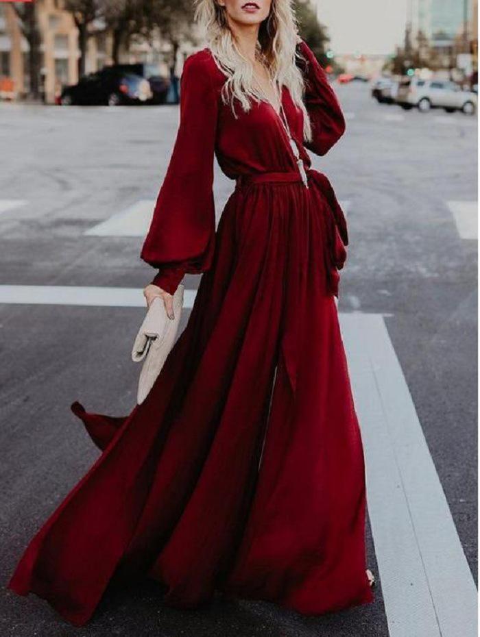 V Neck Long Sleeve Split Maxi Dress with Belt