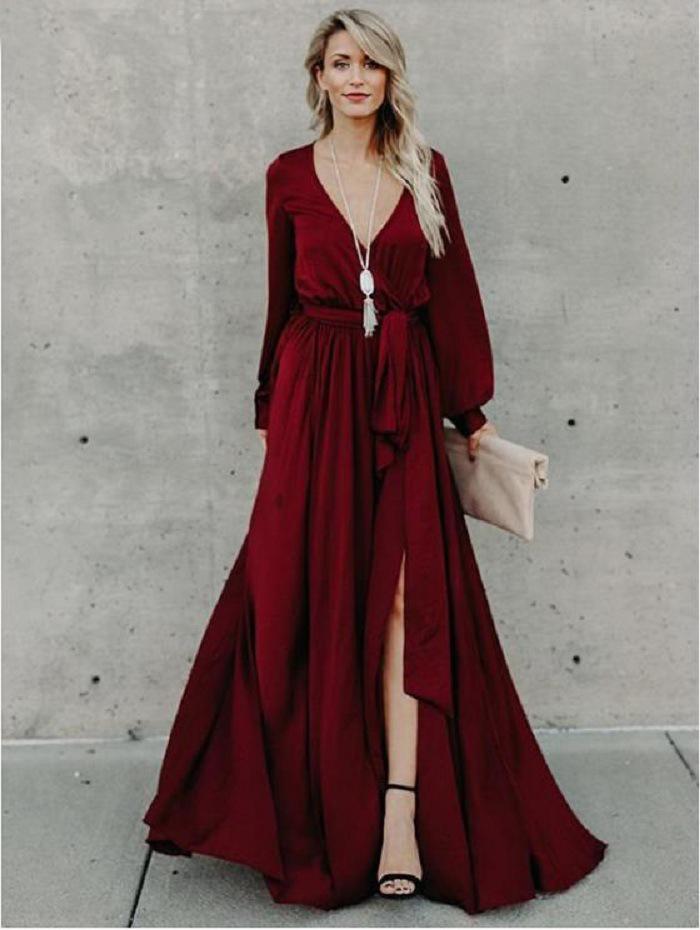 V Neck Long Sleeve Split Maxi Dress with Belt