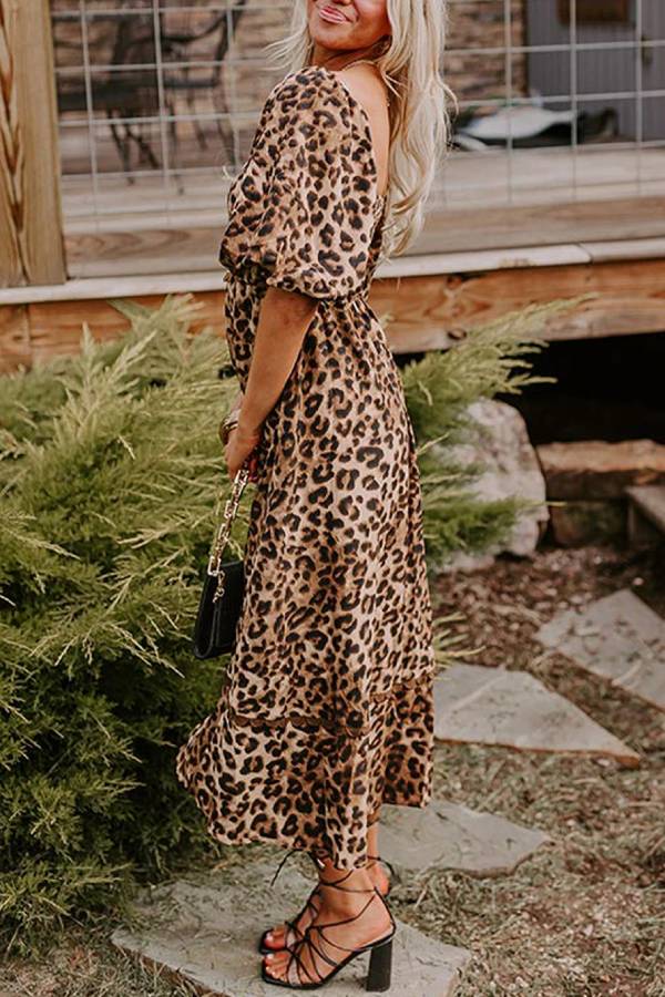 Ivyshape | Leopard Print Puff Sleeve Ricrac Maxi Dress