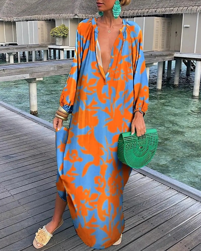 V-Neck Loose Long Sleeve Print Dress