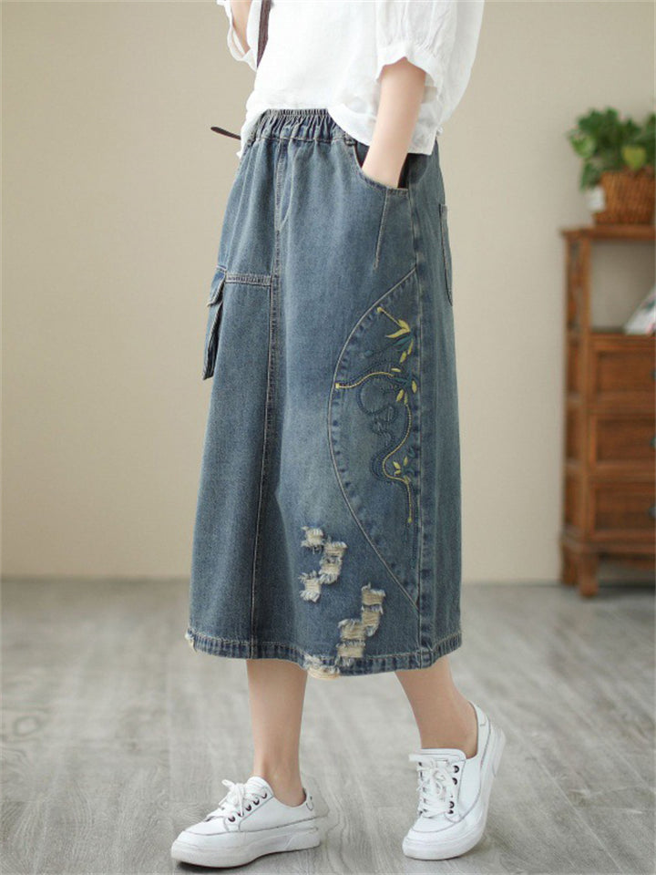 Ladies Floral Embroidered Ripped Vintage Denim Skirt