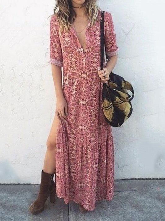 Neck Sexy Floral Mid-Sleeve Long Dress