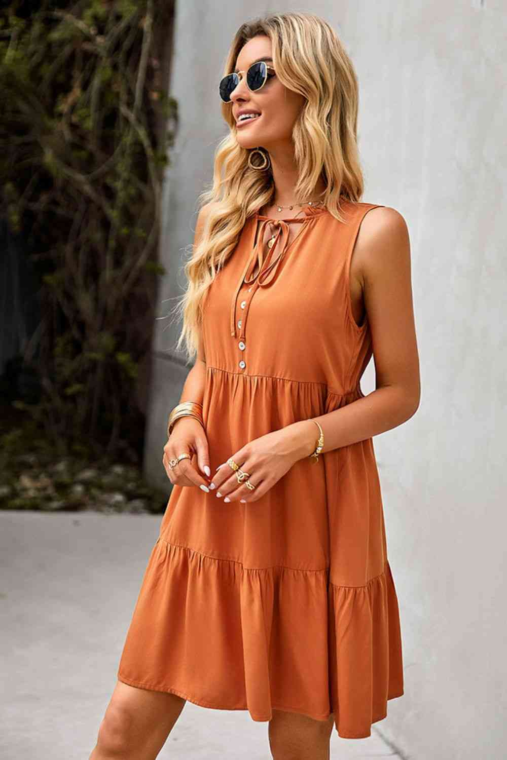 Tie Neck Tiered Dress with Decorative Buttons